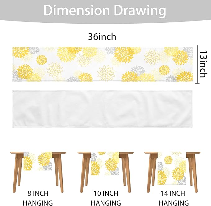 Dahlia Flower Table Runner 13x36 Inch Farmhouse Yellow Gray Runners Modern Table Decorations Rustic Geometric Coffee Table Runner for Home Kitchen Dining Room Party (13"x36", Dahlia Floral-Yellow)