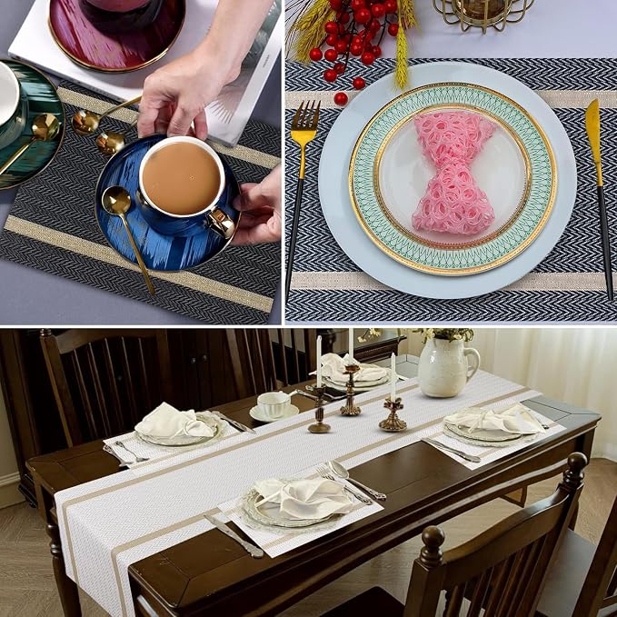 FAVE Placemats Set of 6 Blue Placemats Woven with Golden Threads Durable and Wipeable Vinyl Placemat Heat Resistant Table Mats Set of 6 High Texture Place Mats for Kitchen Table（Blue placemat）