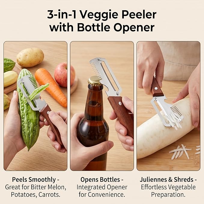Vegetable Peeler with Bottle Opener - 2PCS Veggie Peeler with Wooden Handle, Multifunctional Potato Peeler with Scallion Shredder, Fruit Peeler for Kitchen, Camping, Travel