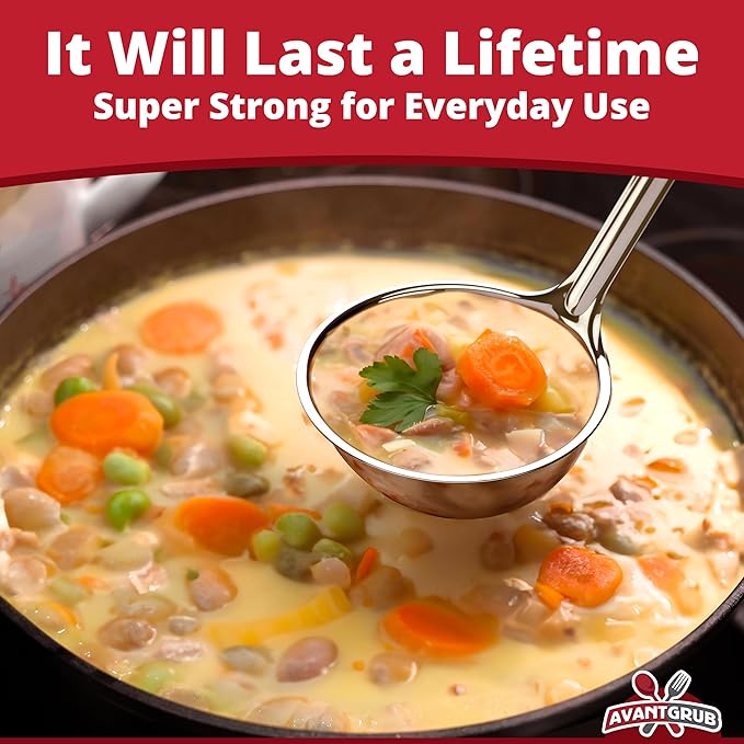 Super Sturdy, Ergonomic 6 Oz. Soup Ladle 3 Pk. Stainless Steel Ladles with Long Handles. Best Kitchen Accessories for Stirring, Portioning and Serving Soups, Chili and Stew in Restaurants and at Home