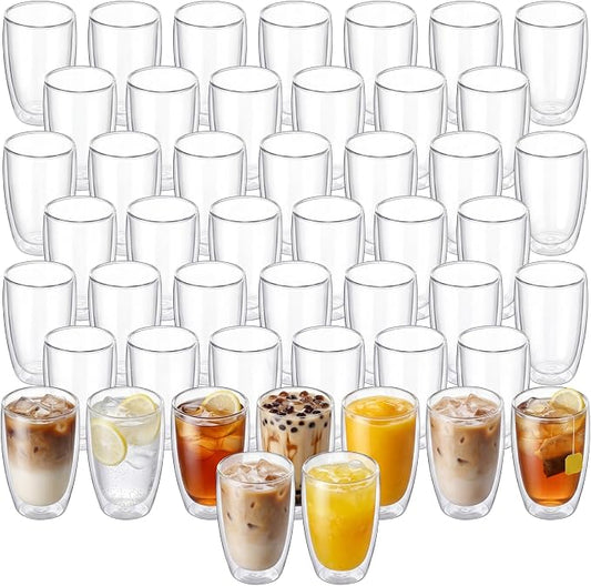 MESNEY 17oz Double Walled Glass Coffee Mugs, Glass Coffee Mugs Set of 48, Insulated Clear Cappuccino Latte Mugs for Home, Cafe & Restaurant, Durable Stackable Drinking Glasses