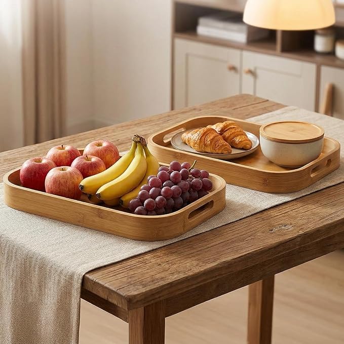 2-Pack Bamboo Serving Trays with Handles (16" & 13") – Large Solid Wood Breakfast Tray for Bed, Food Serving Platter for Coffee, Tea, Dinner, Party, Decorative Tray for Kitchen Counter & Living Room