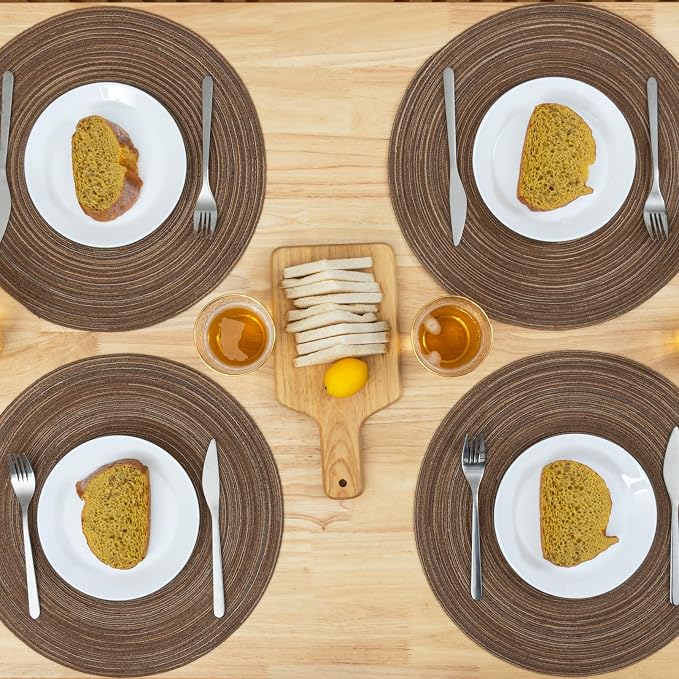 Winknowl Round Braided Placemats Set of 6 Washable Woven Heat Resistant Table Mats for Kitchen Dining Tables 15 inch Round Place Mats (Brown,6)