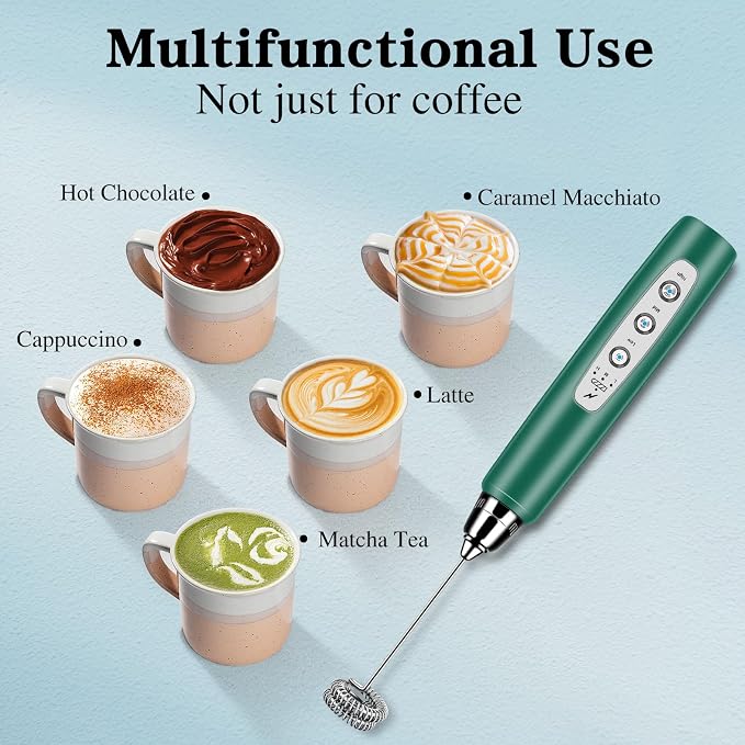 BSRGMS Milk Frother Handheld with Stand, Electric Whisk 3 Speed Adjustable, Drink Mixer with Stainless 3 Whisk, Rechargeable Hand Frother Wand, Foam Maker for Latte Cappuccino Hot Chocolate Egg Green