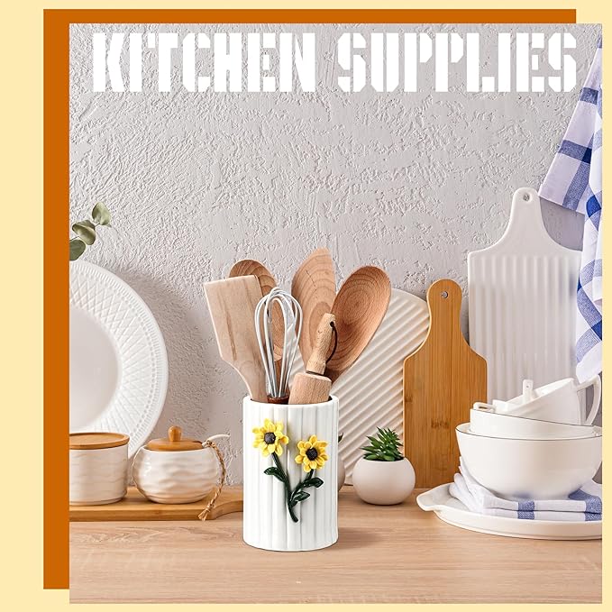 LemonRoad Ceramic Utensil Holder - 3D Sunflower Kitchen Decor, Countertop Cooking Tool Storage Crock for Spatulas, Whisks, Vase Decor Pen Holder Graduation Gift for College Students Storage Caddy