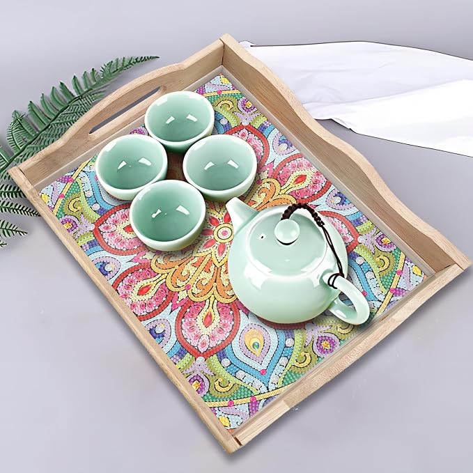 Generic DIY Diamond Serving Tray Rectangular Upgrade Increase Breakfast Tray with Handles Handmade Diamond Art Painting Wooden Tray Dinner Plate for Coffee Living Room Home Organizer-Mandala09