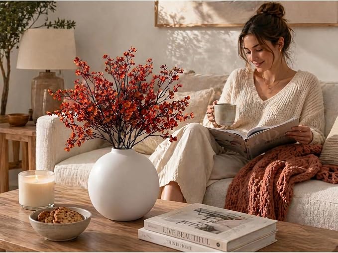 Mandy's Burnt Orange Artificial Baby’s Breath Flowers 15 Bundles Silk Gypsophila, 18.5 Inch European Style Modern Home Decor Centerpiece, Neutral Wedding Flower Arrangements