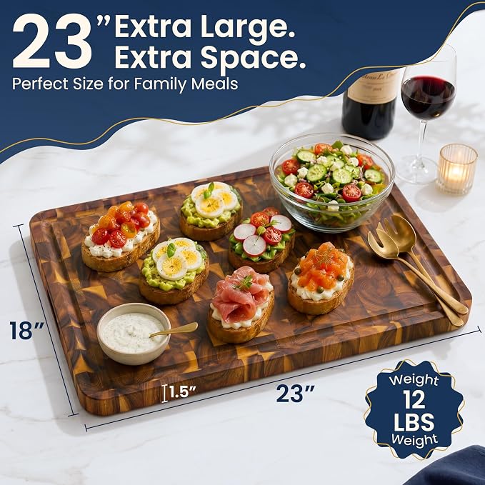HOMESTEAD End Grain Acacia Wood Cutting Board 23x18x1.5, Reversible Butcher Block Board for Kitchen with Deep Juice Groove, Handles, Knife-Friendly Surface for Meat Chopping and Charcuterie Serving