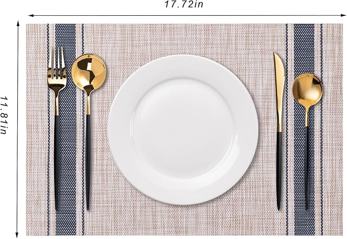CADONO Placemats Set of 6 Washable Indoor/Outdoor Vinyl Place Mats for Dining Table Durable Non-Slip Heat Resistant PVC Weave Table Mats（Stripes-Blue）