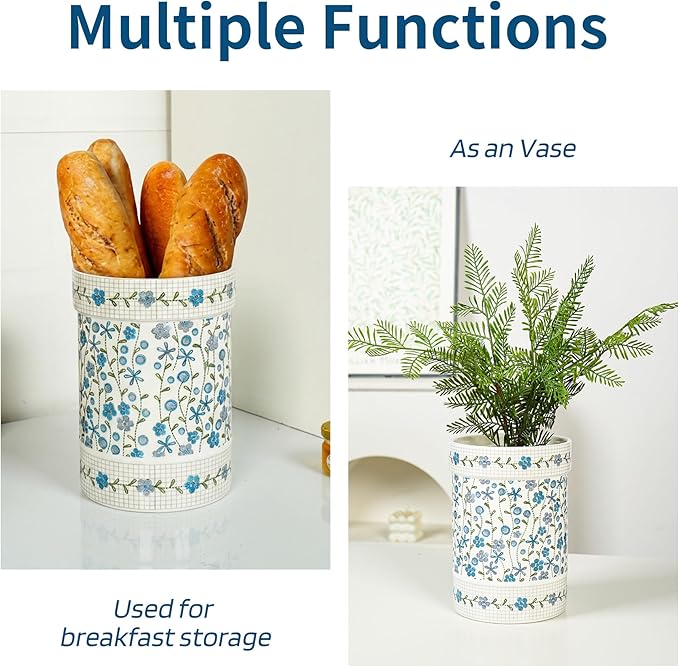 Ceramic Utensil Holder for Counter,Utensil Crock with Blue Floral Pattern for Countertop,Kitchen Organizer for Spoons,Whisks,Spatulas,Farmhouse Kitchen Decorative Accessories