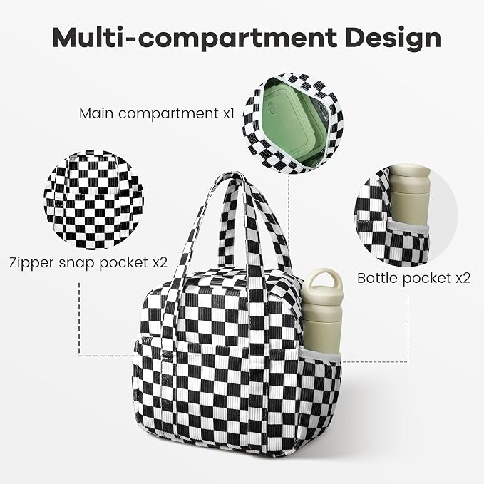 Yarnic Corduroy Lunch Bag Women Insulated, Large Lunch Box for Work with Bottle Pockets, Stylish Reusable Cooler Tote for Adults Teachers Picnic (black White Checkered)