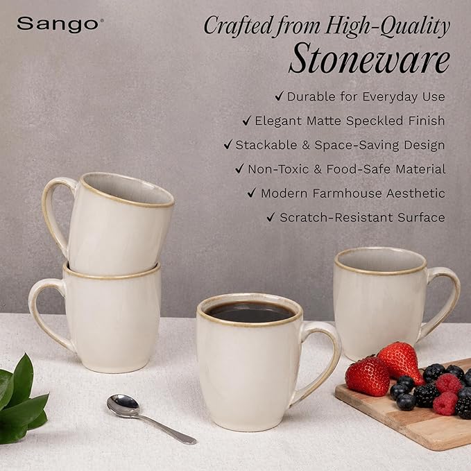 Sango Resona Moss Stoneware Heat Resistant Coffee Mugs, Microwave and Oven Safe, 12 oz, White, 4 Count