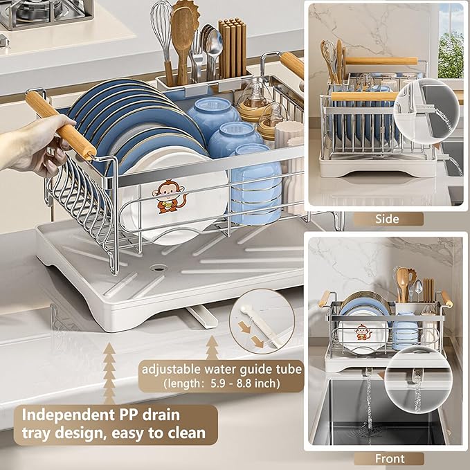 Stainless Steel Dish Drying Rack,304 Grade Rustproof Dish Rack for Kitchen Counter with Drain Board & Detachable Holder (Small & Holder)