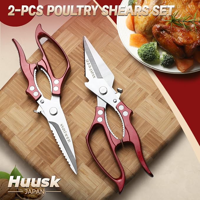 Huusk Heavy Duty Kitchen Shears Set – All Purpose Japanese Kitchen Scissors for Chicken, Meat, Fish, Vegetables & Pizza, Poultry Shears with Ergonomic Non-Slip Red Handle, Gifts for Women Men