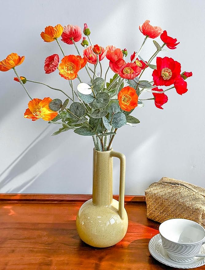 Artificial Flowers of Poppies and Eucalyptus Stems, Red and Orange Flowers Artificial for Vase, Silk Flowers Arrangement for Wedding Party Farmhouse Home Office Table Centerpieces Decoration