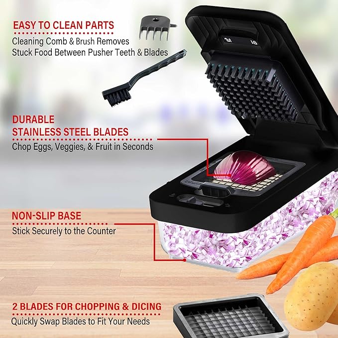 Brentwood Food Chopper and Vegetable Dicer with Storage Container and Stainless Steel Blades (Stainless Steel Black)