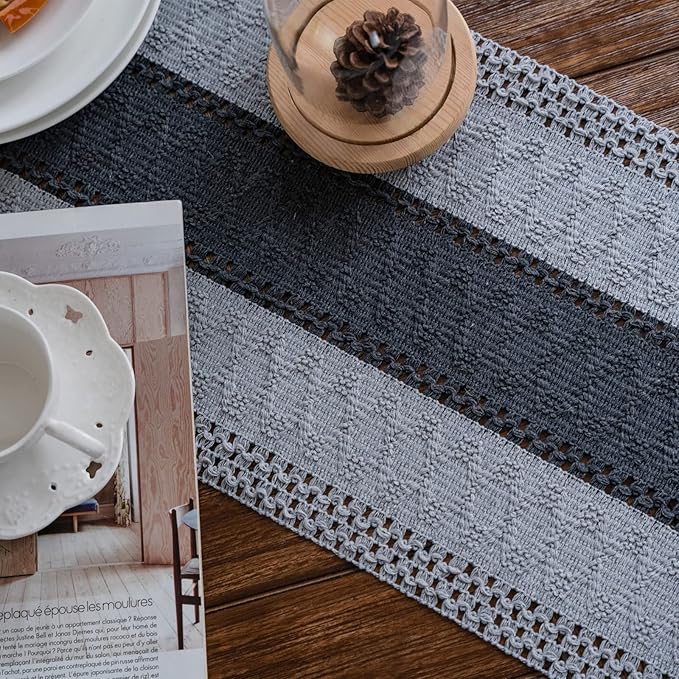 Macrame Table Runner Grey Boho Table Runners with Tassels Hand Woven Cotton Table Runner Rustic Farmhouse Table Runners for Bohemian Kitchen Dining Table(12x95in)