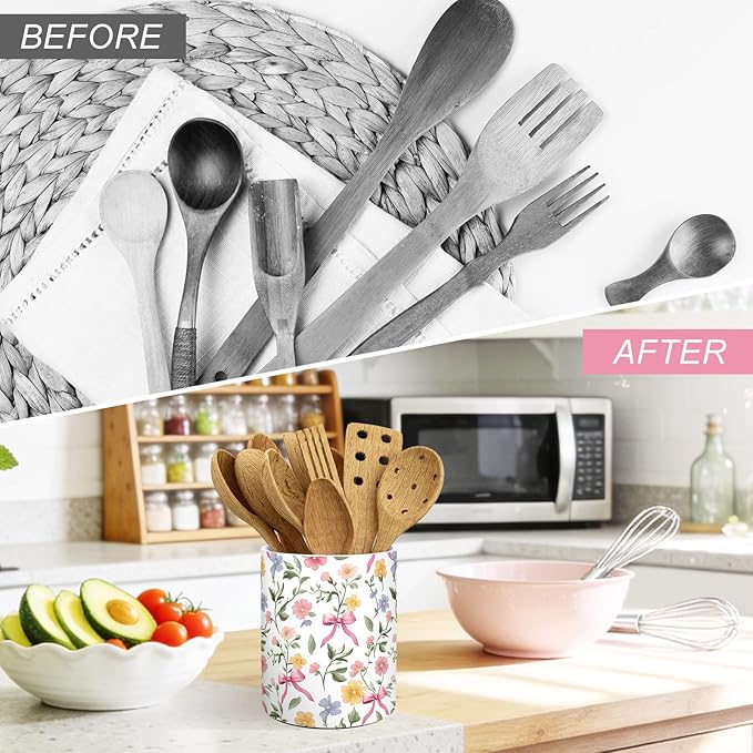 JarThenaAMCS Spring Floral Bow Ceramic Utensil Holder Pink Bow Flower Utensil Crock for Home Kitchen Countertop Storage Organizer Container