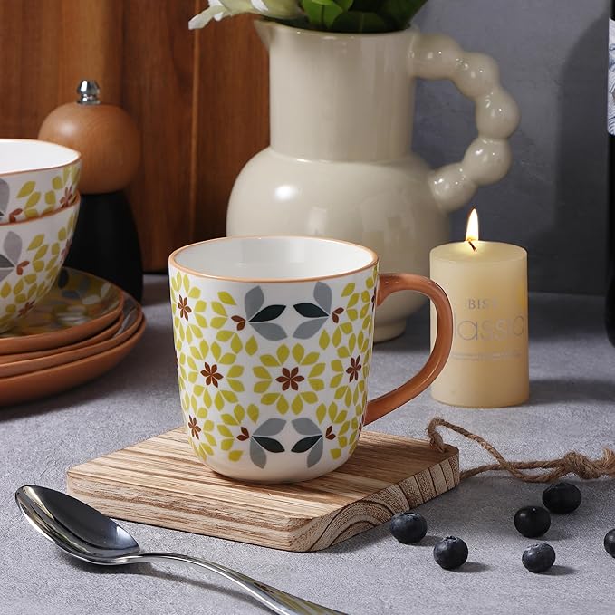 Floral Pattern Ceramic Coffee Mugs, Bone China Tea Cups with Yellow and Gray Design, Taupe Handle, Set of 4