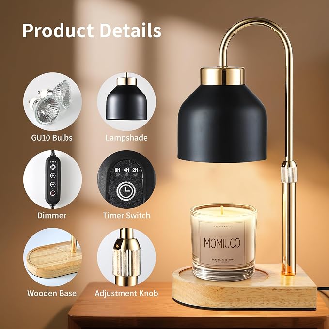 Candle Warmer Lamp with Timer, Height Adjustable Wax Melt Warmer | Modern retro black glass shade, wood base, aesthetic home decor, birthday gifts for women mom, jar candles dimmer