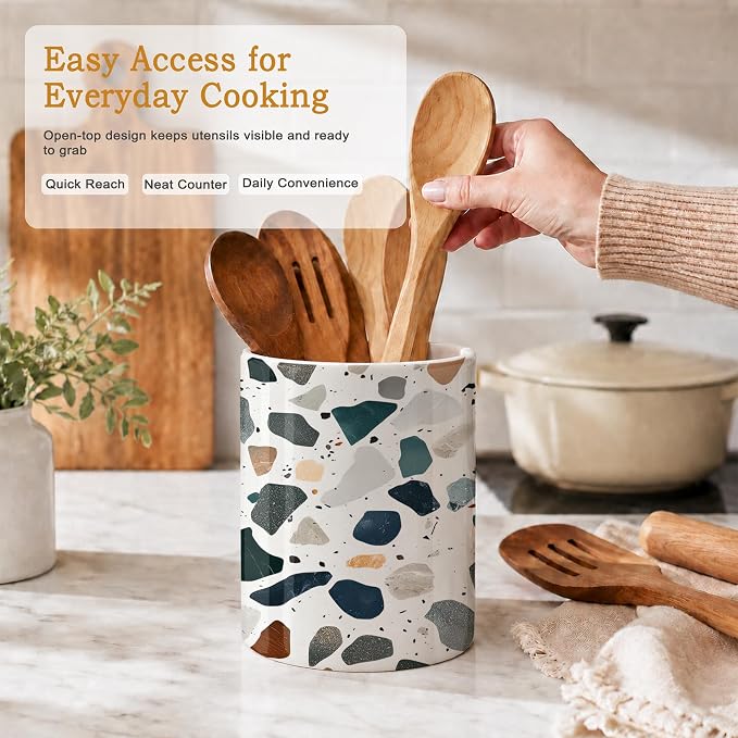 Kitchen Utensil Holder,Terrazzo Colorful Stone Ceramic Utensil Crock for Countertop,Cooking Tools Storage jar for Spatulas and Spoons,Housewarming Gifts 6.3"