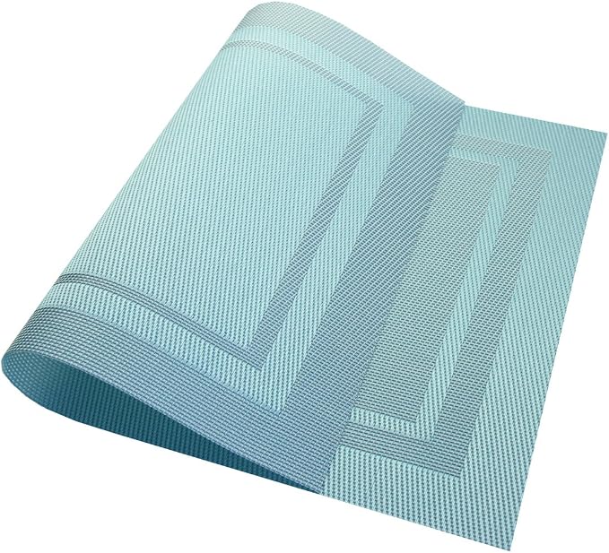 PIGCHCY Heat Insulation Non Slip Plastic Placemats,Washable Easy to Clean Woven Vinyl Kitchen Stain Resistant Placemats for Dining Table Set of 6 (Sky Blue)