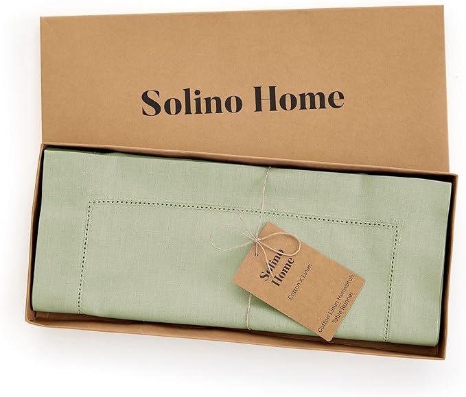 Solino Home Sage Hemstitch Table Runner 60 Inches - Cotton Linen Small Table Runner 14 x 60 Inch Ideal for Dresser and Coffee Tables, Spring, Summer