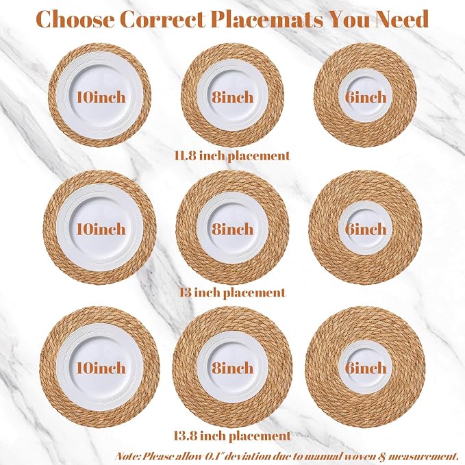 Round Woven Placemats Set of 8, 12 Inch Boho Farmhouse Rattan Placemats Rustic Braided Wicker Table Place Mats Chargers for Dinner Plates