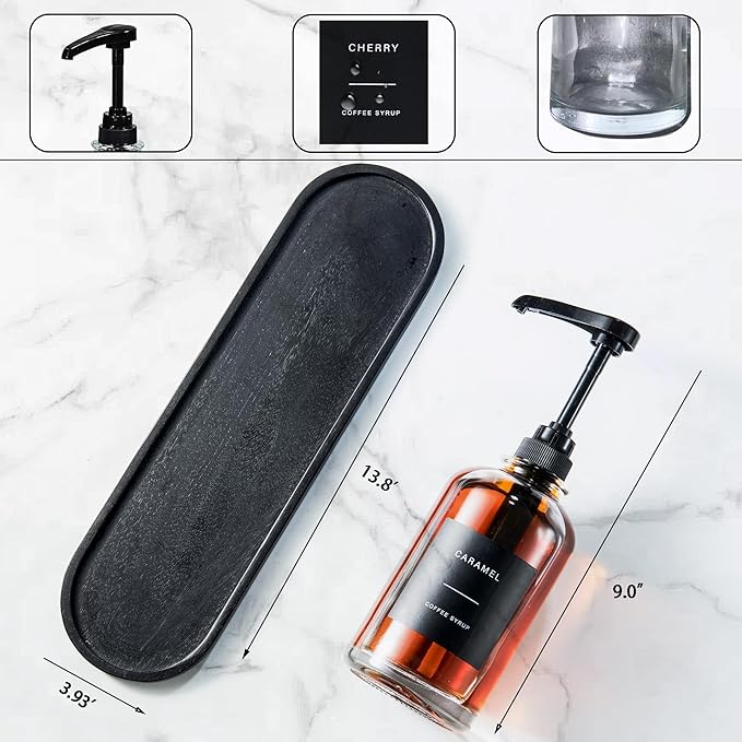 Coffee Syrup Dispenser for Coffee Bar, Glass Syrup Bottle with 1/4 oz Large Capacity Pump, Syrup Pump Dispenser with Pump for Coffee Station, Black with Tray,16.9oz, Set of 4