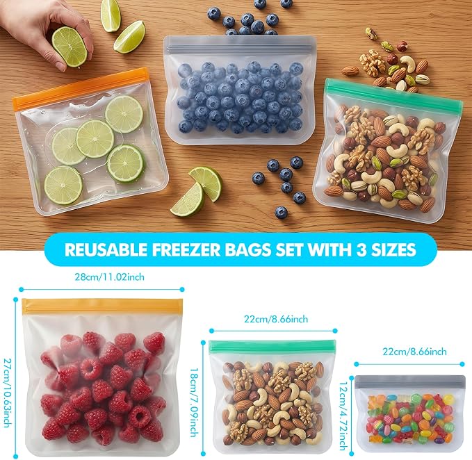 10 Pack Reusable Freezer Bags, Leakproof Reusable Silicone Food Storage Bags BPA Free Contaizers, Snack Sandwich Gallon Bags for Meal Prep, Marinate Meat, Salad Fruit, Veggies, Lunch, Travel, Kitchen