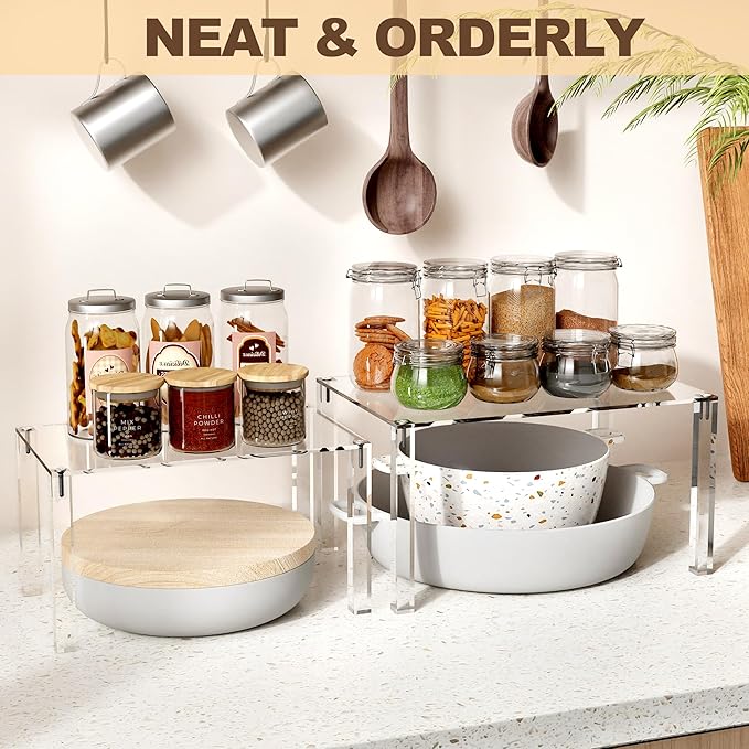 Acrylic Cabinet Organizer, Set of 4 Stackable Spice Rack for Kitchen Organizer Storage Countertop Spice Organization for Cabinet Display Shelves(Clear)