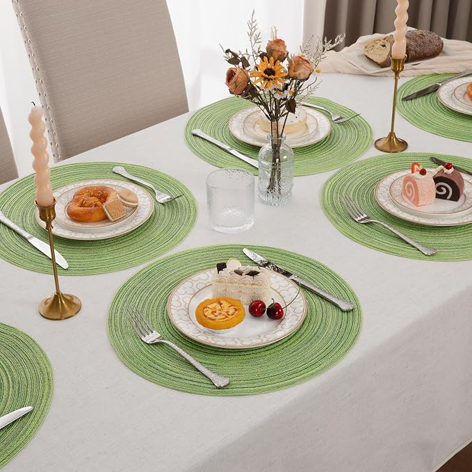 SHACOS Round Placemats Set of 4 Round Table Placemats Braided Cotton Place Mats 15 inch for Kitchen Dining Table Holiday Party (Mixed Color Pea Green, 4)