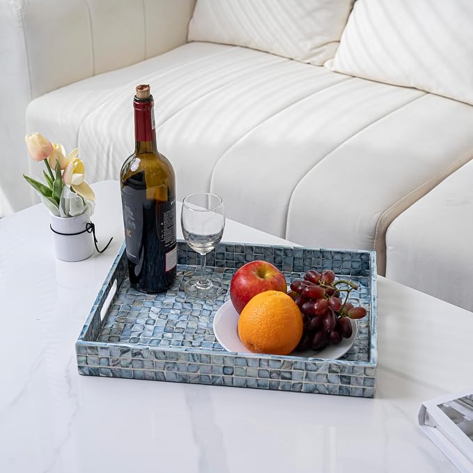PEMAR Rectangular Mother of Pearl Serving Tray Nacre Wood Lap Ottoman Tray for Coffee Table, Luxury Decorative Handmade Eating Platters w Insert Handles (Blue)