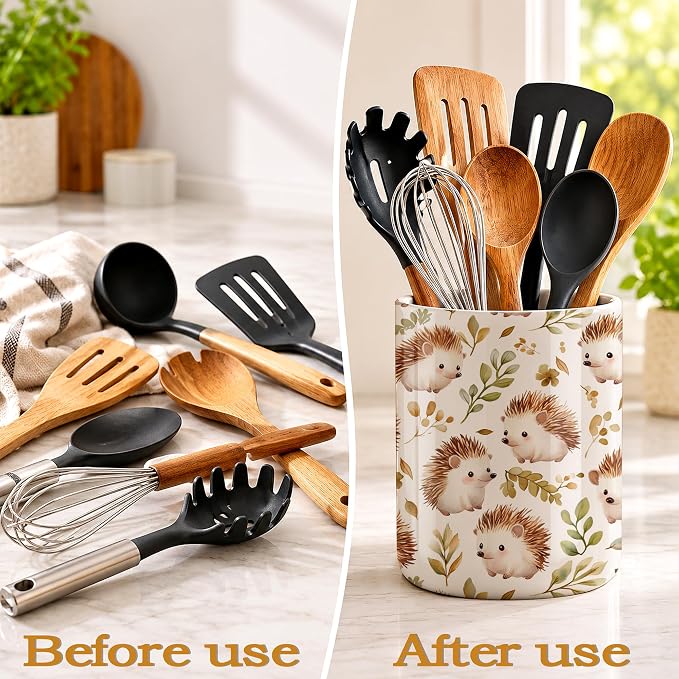 Ceramic Kitchen Utensil Holder for Countertop,Cute Hedgehog Large Utensil Crock for Kitchen Counter,Cooking Utensil Organizer for Spatulas,Spoons