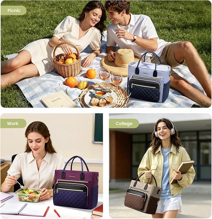 LOVEVOOK Insulated Lunch Bag Women,Wide Opening Adult Lunch Box Women with Cup Holder,Large Leakproof Cooler Bag for Work Picnic Beach Family College Mom,Lunch Teacher Tote Bag for Gift