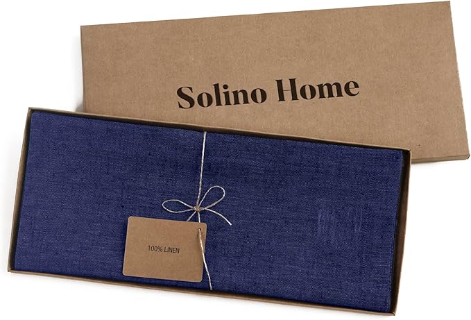 Solino Home Linen Short Table Runner 36 Inches - Athena, 100% Pure Linen Chambray Navy Table Runner 14 x 36 Inch Ideal for Dresser and Coffee Tables - Spring, Summer, 4th of July