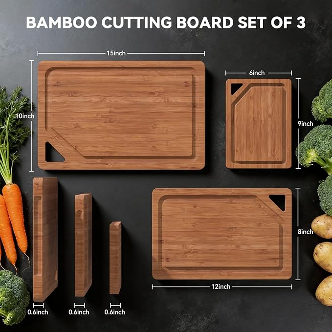 Bamboo Cutting Boards for Kitchen, Wood Cutting Boards with Deep Juice Grooves, 3-Pack Bamboo Cutting Board Set with Holder, Chopping Board & Charcuterie Board for Meal Prep & Serving