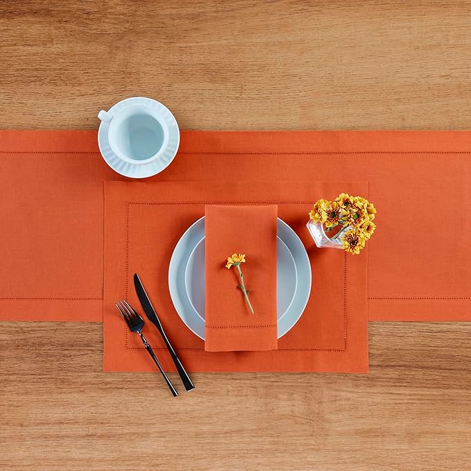 Solino Home Cotton Linen Burnt Orange Table Runner 72 Inches Long - Hemstitch Table Runner 14 x 72 Inch for Dresser, Dining