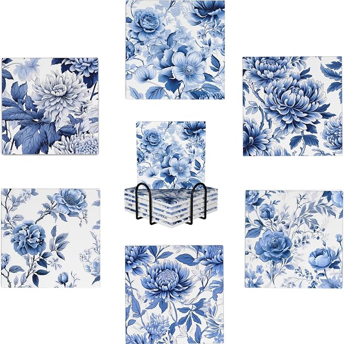 Coaster for Drinks Set of 6, Blue Vintage Spanish Ceramic Floral Absorbent Round Ceramic Stone Mat, with Cork Base and Metal Holder, Gift for Housewarming Room Bar Decor (Vintage Blue Floral-7)
