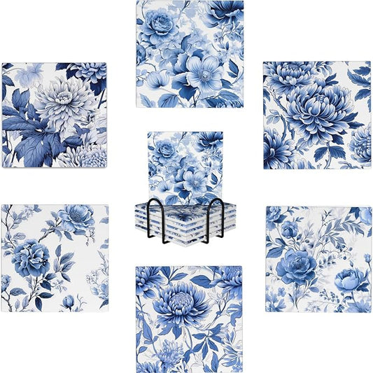Coaster for Drinks Set of 6, Blue Vintage Spanish Ceramic Floral Absorbent Round Ceramic Stone Mat, with Cork Base and Metal Holder, Gift for Housewarming Room Bar Decor (Vintage Blue Floral-7)