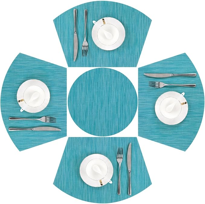 SHACOS Small Round Table Placemats Set of 5 Woven Vinyl Wedge Placemats with Centerpiece Round Table Mats Heat Resistant Wipe Clean (5, Teal Blue)