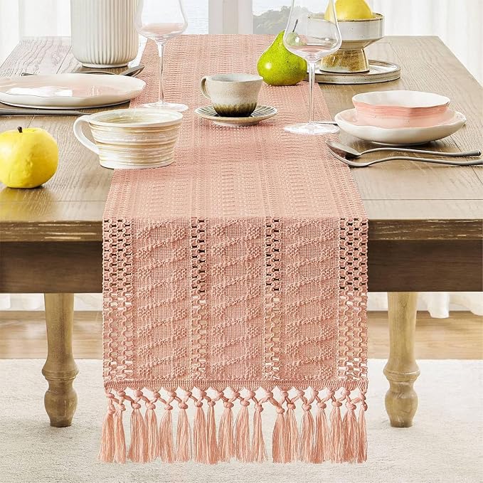 Niviy Boho Valentines Table Runner for Pink Tassel Home Decor 108 Inches Long, Rustic Macrame Cotton Linen Woven Coffee Table Runners for Wedding Party Baby Shower Dining Table Decoration, Pink