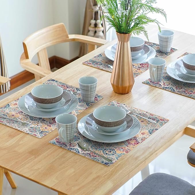 Ethnic Boho Placemats Set of 4 Bohemian Carpet Vintage Rust Coral Floral Carpet Linen Washable Kitchen Dining Table Mats Stain Heat-Resistant Desktop Decor Place Mats 12x18 in