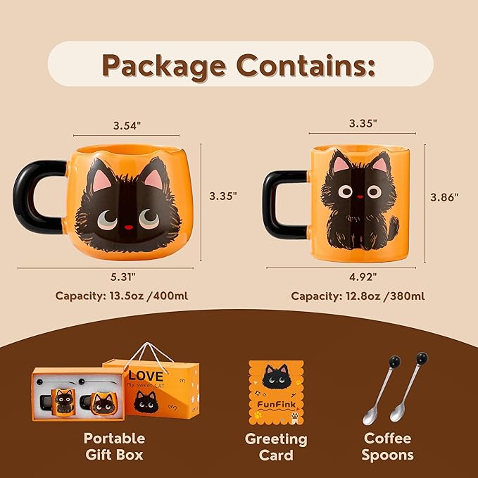 Cute Black Cat Couple Coffee Mugs Gift Set - Ceramic Matching Mugs with Spoons, Set of 2 (12.8 oz & 13.5 oz), Perfect Valentine's Day, Christmas, Anniversary Present for Cat Lovers & Couples