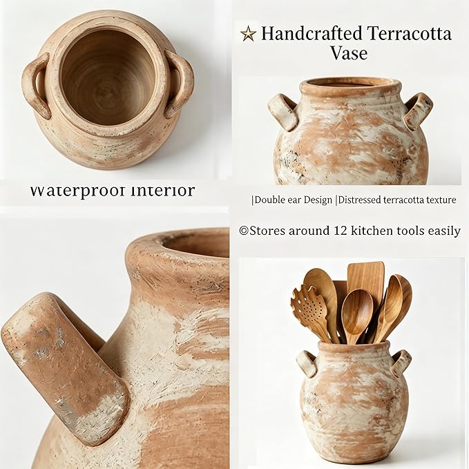 Rustic Kitchen Utensil Holder with Handle, 7" Ceramic Farmhouse Stable Utensil Crock for Countertop, Vintage Cooking Tool Organizer & Spatula Holder For Kitchen Decor (Light Embroidery Hue)