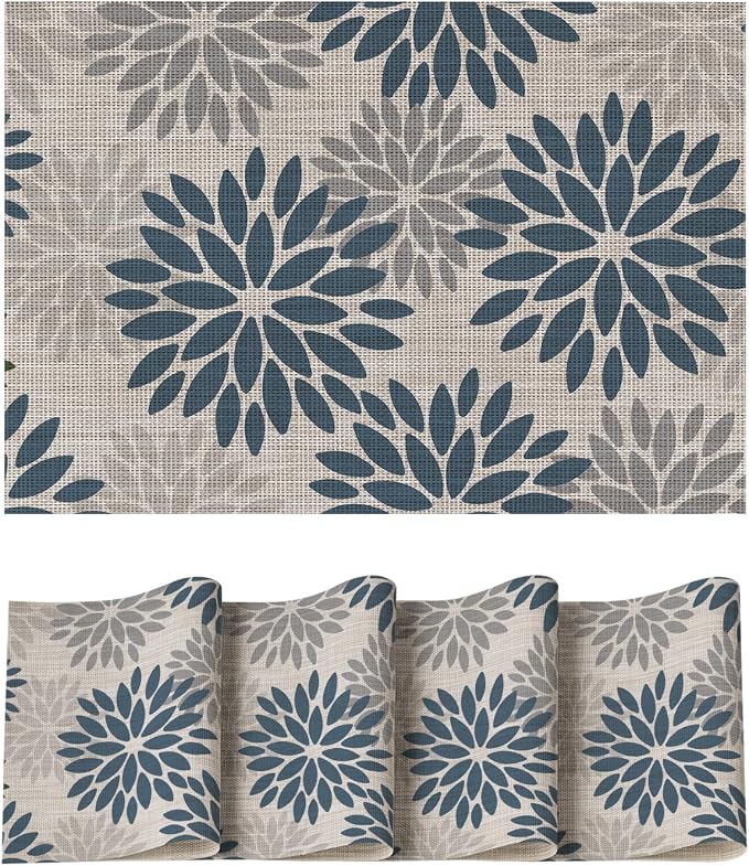 Artoid Mode Floral Vinyl Placemats Set of 4, Heat Resistant Washable Non-Slip Plastic PVC Place Mats for Party Kitchen Dining Decor, Blue Grey