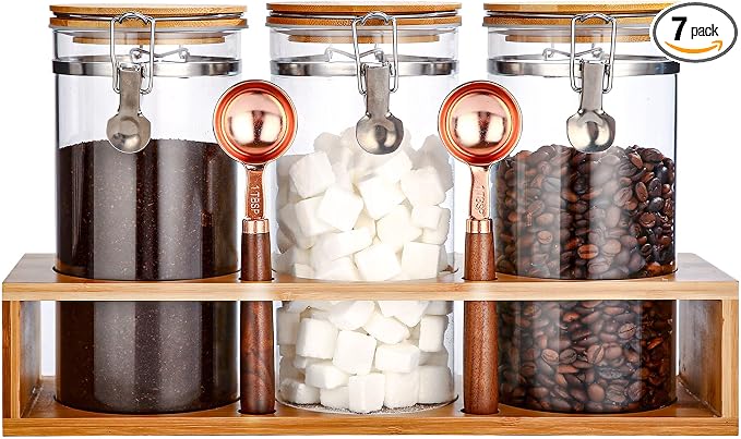 Glass Coffee Storage Container with Bamboo Shelf, 3PCS 49oz Airtight Sealed Coffee Bean Jar with Clamp Lid & Measuring Spoon, Kitchen Pantry Canister Set for Ground Coffee Sugar Tea Flour