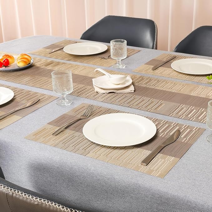 Placemats Set of 4, Vinyl Woven Place Mats Indoor Set of 4 Washable Wipeable PVC Table Mats Heat-Resistant Non Slip Plastic Placemat for Kitchen Dining Outdoor Table (Gray Gold, Set of 4)