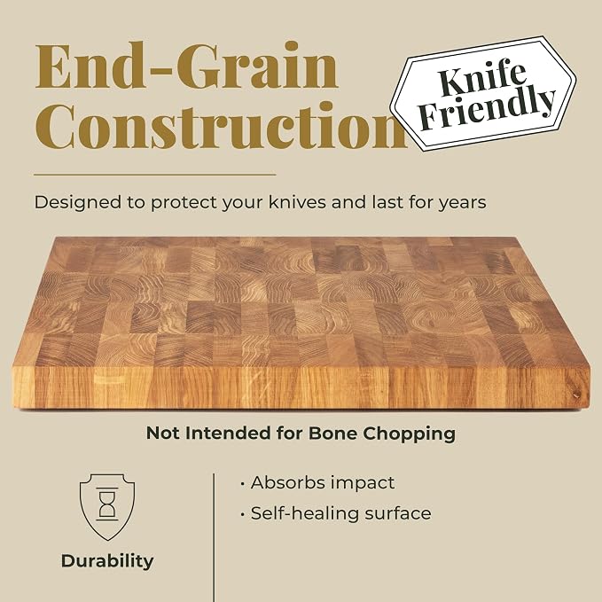 End Grain 16"x12" European Oak Wood Cutting Board, Butcher Block, Wooden Chopping Board with Non-Slip Feet & Handles, Charcuterie Board, Knife-Friendly, Serving Cutting Board for Kitchen