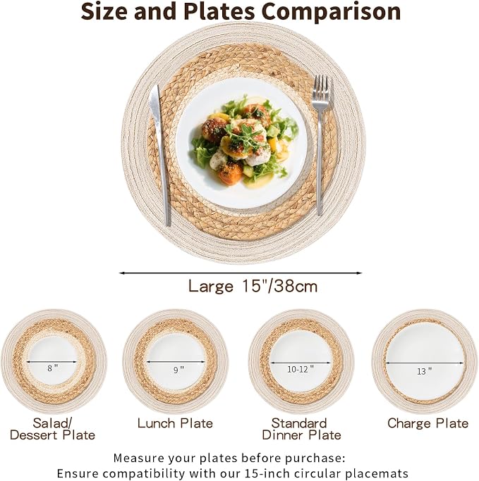 Handmade Round Boho Placemats Set of 6 | Natural Woven & Polyester Braided Combo Table Mats | 12-Piece Versatile Place Mats | Simple Rustic Farmhouse Style Dining Table Decor, Ivory